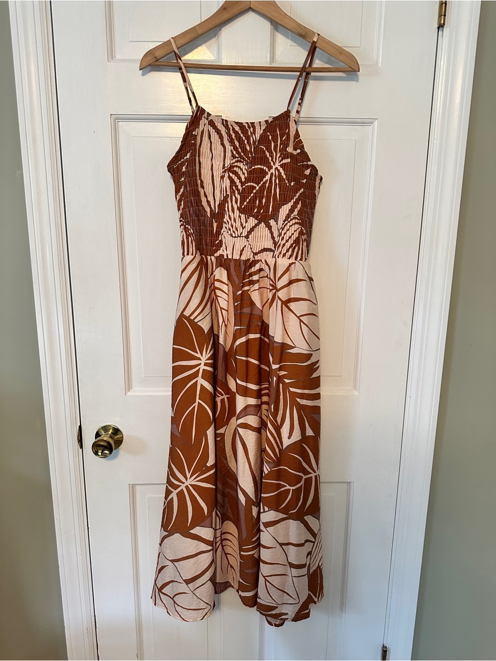 Baltic Born Brown Tropical-Print Smocked Midi Dress with Spaghetti Straps NWOT
